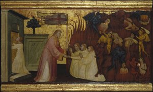 Saint Lawrence frigjør sjeler fra skjærsilden. Scener fra Saint Lawrences liv, predella, ca 1412