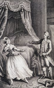 Par foran sengen på soverommet - i "" Les francaises ou 34 eksempler valgt i gjeldende skikk for å lede døtre, kvinner, koner, mødre" av Restif de La Bretonne (1734-1806), ill. av Binet, Neufchatel