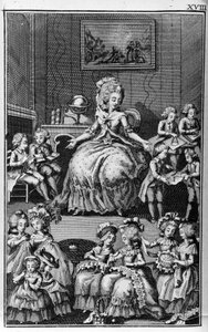 Illustrasjon av Louis Binet (1744-1800) for boken av Nicolas Edme Restif de La Bretonne "" Les Parisiennes"", eller XL General Characters Taken in the Modern Moors, fit to serve a l’instruction des Person-du-Sexe, hentet fra memoarene til det nye Lycee des
