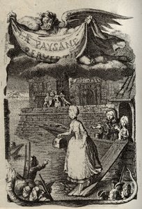 Illustrasjon for «Den perverterte bonden eller byens farer» av Restif de La Bretonne (1734-1806) fransk forfatter. Gravering av Binet fra 1700-tallet.