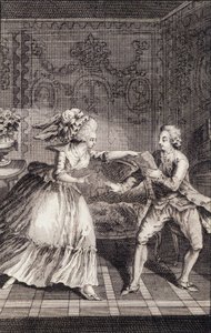 Den subtiliserte myke billetten (libertinage) - i "" Les francaises eller 34 eksempler valgt i gjeldende skikk for å lede døtre, kvinner, koner, mødre" av Restif de La Bretonne (1734-1806), ill. av Binet, Neufchatel