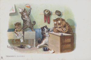 Katter i et klasserom: læreren døser og derfor oppfører elevene seg dårlig (chromolitho) av Louis (after) Wain