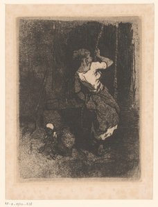 Kvinne får vann fra en brønn, ved siden av henne et sittende barn av Louis Adolphe Hervier (attributed to)