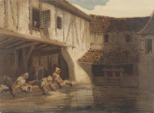 Vasker kvinner i en åpen hall i et boligkompleks på vannet av Louis Adolphe Hervier (signed by artist)
