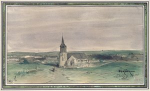 Kirke og landsby midt i et felt, Montigny, 1866 (penn og blekk og wc på papir)