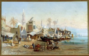 Fiskere og moskeer i havnen Boulack i Egypt Maleri av Amable Louis Crapelet (1822-1867) Søn. 41x64 cm Obligatorisk omtale: Regards de Provence foundation collection, Marseille av Louis Amable Crapelet