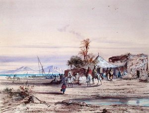 Tunisisk landskap (akvarell på papir) av Louis Amable Crapelet