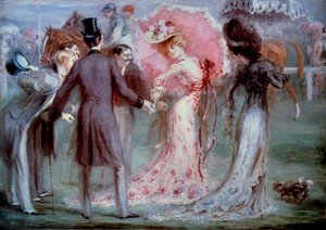 God tid: "" Veiing"" Menn som undersøker unge kvinner som insisterer på hesteveddeløp. Maleri av Louis Anquetin (1861-1932), privatsamling fra det 20. århundre av Louis Anquetin