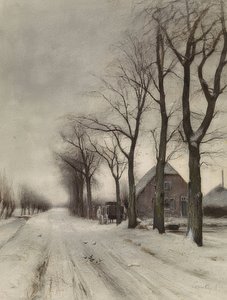 Winterlandschaft mit Bauernhof an einer Allee (Vinterlandskap med en gård på en allé)