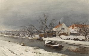 Winterlandschaft mit Häusern und einem Kanal (Vinterlandskap med hus på en kanal). 1874