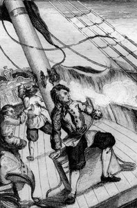 Hvert minutt forventet jeg å bli oppslukt av gravering etter M. de Sainsons tegning til boken til Daniel Defoe (De foe) "" Robinson Crusoe"" fransk utgave av 1837.