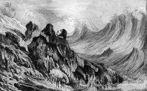 Jeg bestemte meg for å feste meg til et steinpunkt... gravering etter M. de Sainsons tegning til boken til Daniel Defoe (De foe) "Robinson Crusoe"" fransk utgave av 1837.