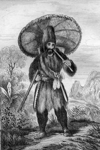 Jeg hadde på meg en høy hatt... gravering etter M. de Sainsons tegning til boken til Daniel Defoe (De foe) "Robinson Crusoe"" fransk utgave av 1837.