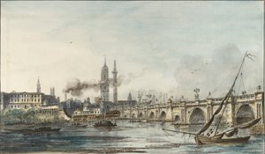 Utsikt over Themsen mot kirken St Magnus og monumentet, sent på 1700-tallet av Louis Bélanger