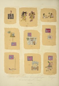 Fragmenter av aztekiske hieroglyfiske malerier, fra Codex Telleriano-Remensis, illustrasjon fra 