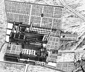 Hospitalet i La Salpêtrière, detalj fra planen i Paris, kjent som Plan de Turgot, gravert av Claude Lucas, 1734-39 graveringsdetalj av 233535