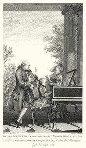 Leopold Mozart spiller musikk med datteren Marianne og sønnen Wolfgang (gravering) av Louis Carrogis (after) Carmontelle
