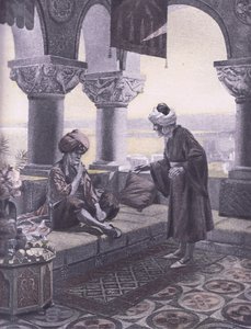 De tre ringene, illustrasjon fra Decameron av Boccaccio utgitt av Navarre Society 1930-tallet (litho)