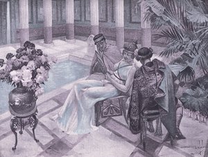 Titus og Gisippus, illustrasjon fra Decameron av Boccaccio utgitt av Navarre Society 1930-tallet (litho)