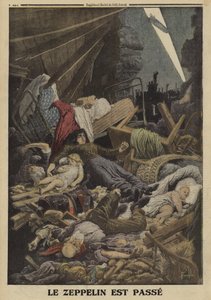 Familie drept i et bombeangrep av en tysk zeppelin, første verdenskrig, 1916 (farge litho) av Louis Charles (after) Bombled
