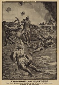 To sårede tyske soldater skjøt franske offiserer som hadde hjulpet dem til ly i ryggen, første verdenskrig av Louis Charles (after) Bombled