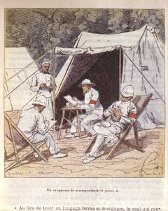 Franske krigskorrespondenter på Madagaskar på tidspunktet for annekteringen av Frankrike 1895-96 (farge litho) av Louis Charles Bombled