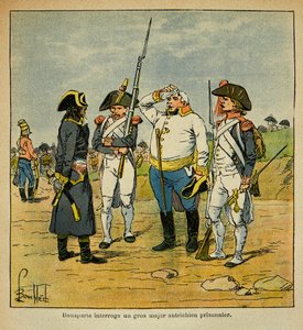 Illustrasjon av Bombled Louis (1862-1927) fra grev Emmanuel de Las Cases (1766-1842): Under den italienske kampanjen forhører Bonaparte en østerriksk fangeoffiser, Private Collection av Louis Charles Bombled