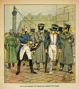 Illustrasjon av Bombled Louis (1862-1927) fra boken "The Memorial of Saint Helene" av grev Emmanuel de Las Cases (1766-1842): En tidligere offiser av Napoleon, under restaurering, ber tidligere vernepliktige om å avvise det keiserlige regimet, Delvis samli av Louis Charles Bombled