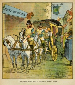 Illustrasjon av Bombled Louis (1862-1927) fra boken "The Memorial of Saint Helene" av grev Emmanuel de Las Cases (1766-1842): Keiser Napoleon kjører i bilen for å møte sin kone Marie Louise i 1810, privat samling av Louis Charles Bombled