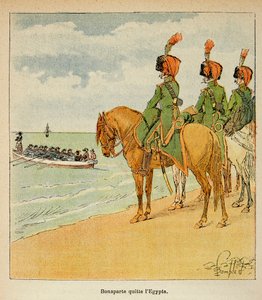 Illustrasjon av Bombled Louis (1862-1927) fra boken "The Memorial of Saint Helene" av grev Emmanuel de Las Cases (1766-1842): Bonaparte forlot Egypt 23. august 1799, privat samling av Louis Charles Bombled