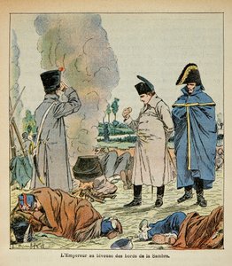 Illustrasjon av Bombled Louis (1862-1927) fra boken "The Memorial of Saint Helene" av grev Emmanuel de Las Cases (1766-1842): Napoleon under en bivuakk spiser brødet til soldater, Privat samling av Louis Charles Bombled