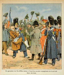 Illustrasjon av Bombled Louis (1862-1927) fra boken "The Memorial of Saint Helene" av grev Emmanuel de Las Cases (1766-1842): En grenader tar med seg sin far til Napoleon ved å bære ham i armene når han kommer tilbake fra Elba-øya , menig oberst av Louis Charles Bombled