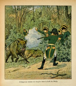 Illustrasjon av Bombled Louis (1862-1927) fra boken "The Memorial of Saint Helene" av grev Emmanuel de Las Cases (1766-1842): Keiser Napoleon jakter villsvinet i skogen til Marly, privat samling av Louis Charles Bombled