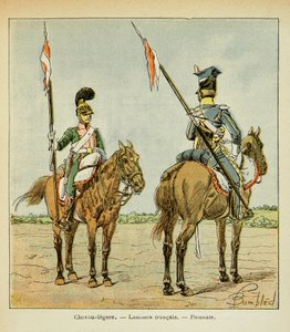 Illustrasjon av Bombled Louis (1862-1927) fra boken "The Memorial of Saint Helene" av grev Emmanuel de Las Cases (1766-1842): Light Horses of the Guard: French and Polish Lancier, Private Collection av Louis Charles Bombled