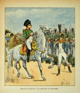 Illustrasjon av Bombled Louis (1862-1927) fra boken "The Memorial of Saint Helene" av grev Emmanuel de Las Cases (1766-1842): Napoleon kaller en parade av en løytnant, privat samling av Louis Charles Bombled
