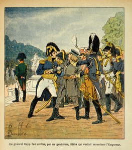 Illustrasjon av Bombled Louis (1862-1927) fra boken "The Memorial of Saint Helene" av grev Emmanuel de Las Cases (1766-1842): General Rapp arresterte, av en gendarme, de unge Stabs, som ønsket å myrde keiser Napoleon, Delvis samling av Louis Charles Bombled