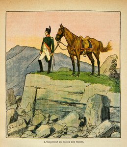 Illustrasjon av Bombled Louis (1862-1927) fra boken "The Memorial of Saint Helene" av grev Emmanuel de Las Cases (1766-1842): Keiseren Napoleon midt i ruinene, privat samling av Louis Charles Bombled