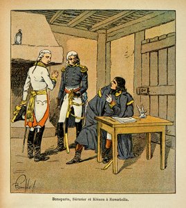 Illustrasjon av Bombled Louis (1862-1927) fra boken "The Memorial of Saint Helene" av grev Emmanuel de Las Cases (1766-1842): Bonaparte, Jean Mathieu Philibert Serrurier (1742-1819) og Johann von Klenau (1758-1819) ) i Roverbello under den italienske Ca av Louis Charles Bombled