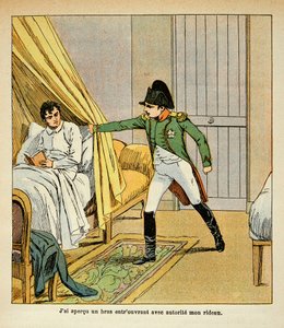 Illustrasjon av Bombled Louis (1862-1927) fra boken "The Memorial of Saint Helene" av grev Emmanuel de Las Cases (1766-1842): Napoleon vekker Las Cases i sengen på St. Helene, privat samling av Louis Charles Bombled