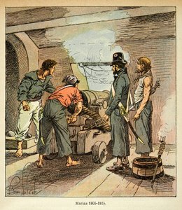 Illustrasjon av Bombled Louis (1862-1927) fra boken "The Memorial of Saint Helene" av grev Emmanuel de Las Cases (1766-1842): Franske sjøfolk mellom 1805 og 1815, privat samling av Louis Charles Bombled