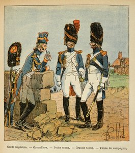 Illustrasjon av Bombled Louis (1862-1927) fra boken «The Memorial of Saint Helene» av grev Emmanuel de Las Cases (1766-1842): Grenadiers of the Imperial Guard: Lite antrekk; stort antrekk og landantrekk, Privat samling av Louis Charles Bombled