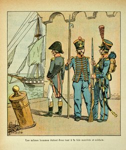 Illustrasjon av Bombled Louis (1862-1927) fra boken "The Memorial of Saint Helene" av grev Emmanuel de Las Cases (1766-1842): Fransk sjømann og soldat, privat samling av Louis Charles Bombled