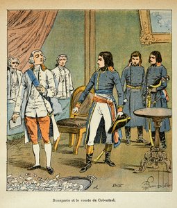 Illustrasjon av Bombled Louis (1862-1927) fra boken "The Memorial of St. Helene" av grev Emmanuel de Las Cases (1766-1842): Intervju mellom Bonaparte og grev Louis Cobenzl, Østerrikes kansler under handelen med Campo Formio, Privat samling av Louis Charles Bombled