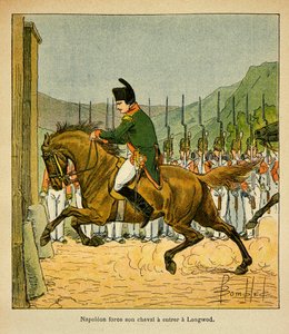 Illustrasjon av Bombled Louis (1862-1927) fra boken «The Memorial of St. Helene» av grev Emmanuel de Las Cases (1766-1842): Keiser Napoleon tvinger hesten sin til å gå inn i Longwood ved St. Helene, Private Collection av Louis Charles Bombled