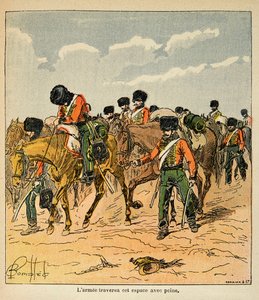 Illustrasjon av Bombled Louis (1862-1927) fra boken "The Memorial of St. Helene" av grev Emmanuel de Las Cases (1766-1842): Den keiserlige hæren krysser med vanskeligheter de russiske slettene før Moskva, privat samling av Louis Charles Bombled