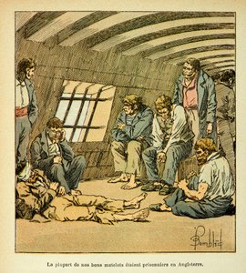 Illustrasjon av Bombled Louis (1862-1927) fra boken "The memorial se Sainte Helene" av grev Emmanuel de Las Cases (1766-1842): Franske fanger på de engelske pongtongene, Privat samling av Louis Charles Bombled