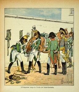 Illustrasjon av Bombled Louis (1862-1927) fra boken "The memorial se Sainte Helene" av grev Emmanuel de Las Cases (1766-1842): Keiser Napoleon inspiserer skolen til Saint Germain, privatsamling av Louis Charles Bombled