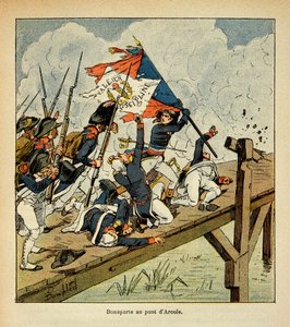 Illustrasjon av Bombled Louis (1862-1927) fra boken "The memorial se Sainte Helene" av grev Emmanuel de Las Cases (1766-1842): Bonaparte ved broen til Arcole, privat samling av Louis Charles Bombled