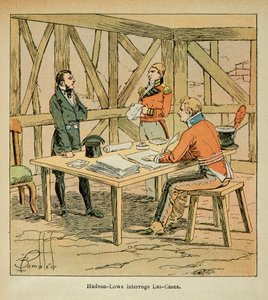Illustrasjon av bombet Louis (1862-1927) fra grev Emmanuel de Las Cases (1766-1842): Guvernør Hudson Lowe (1769-1844) stiller spørsmål ved Las Cases, privat samling av Louis Charles Bombled