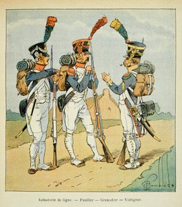 Illustrasjon av bombet Louis (1862-1927) fra boken "The Memorial of Saint Helene" av grev Emmanuel de Las Cases (1766-1842): Armee Francaise: Linjeinfanteri: fusilier, grenadier og voltiger, Privat samling av Louis Charles Bombled